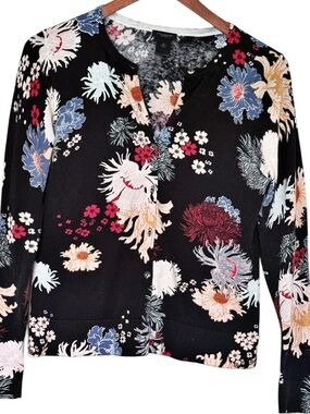 Ann Taylor Black Floral Button-Down Lightweight Sweater